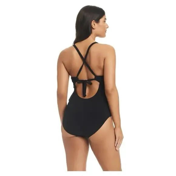 Beyond Control Swimwear Ruffle Black Solid One Piece Swimsuit NWOT 16 $139 - Picture 3 of 6